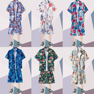 潮牌夏季薄款短袖衬衫男士宽松休闲短裤情侣花衬衣两件沙滩套装男