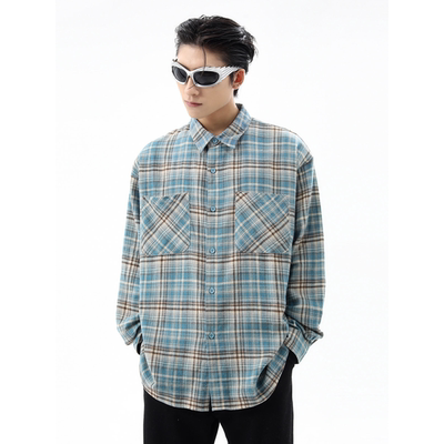 复古cityboy格子长袖衬衫外套男女春秋季设计感小众宽松情侣衬衣
