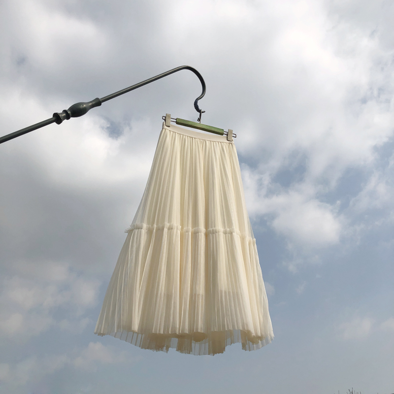 上压太阳褶下摆压平褶重工网纱裙