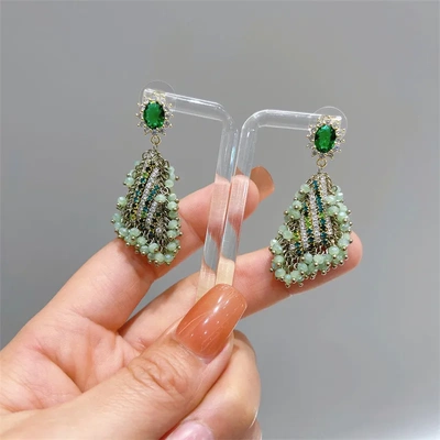轻奢重工款宝石绿色水晶流苏耳环复古优雅流苏耳坠女耳饰品