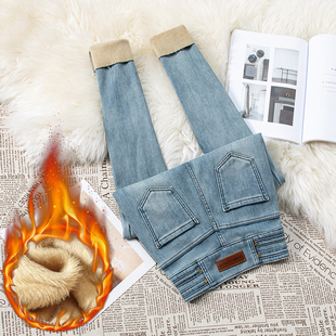 显瘦加长小脚靴裤 新款 潮 女冬季 高级冰川蓝收腹高腰加厚加绒牛仔裤