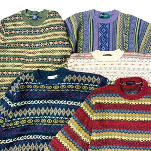 古着vintage毛衣羊毛套头 宽松复古加厚男女波普撞色图案孤品外套