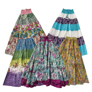 古着vintage波西米亚高腰拼接百褶裙复古民族风少女春夏半身裙Q