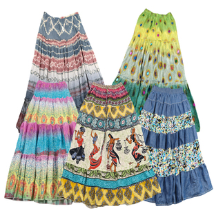 古着vintage波西米亚高腰拼接百褶裙复古民族风少女春夏半身裙k