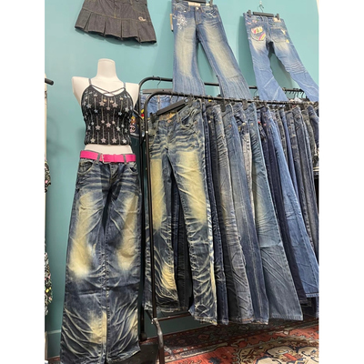 古着外贸辣妹Y2K千禧亚文化亚比朋克直筒低腰微喇叭牛仔长裤刺绣y