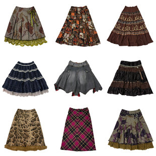 古着vintage复古A字亚比森系外贸秋冬暗黑废土流浪风毛呢半身裙L