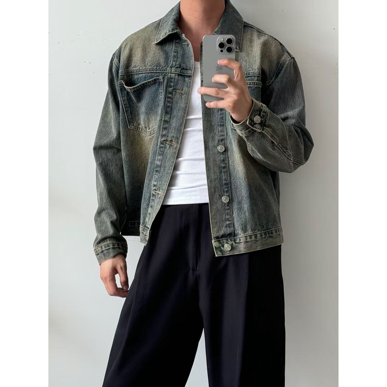 水洗黄泥色牛仔外套街头痞帅宽松