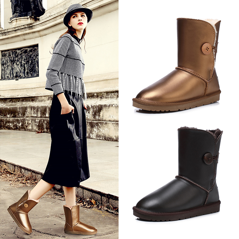 QNZY新款牛皮雪地靴女式冬保暖真皮棉鞋子防滑防水中筒平跟底