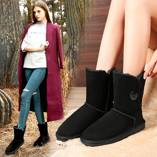 QNZY新款 保暖防滑 雪地靴女中筒真牛皮雪地靴平跟牛筋底女靴子时尚