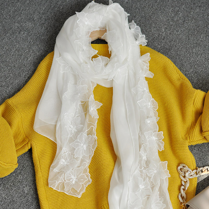 白色丝巾女长款薄真丝桑蚕丝百搭薄纱巾刺绣绣花围巾2025春秋韩版