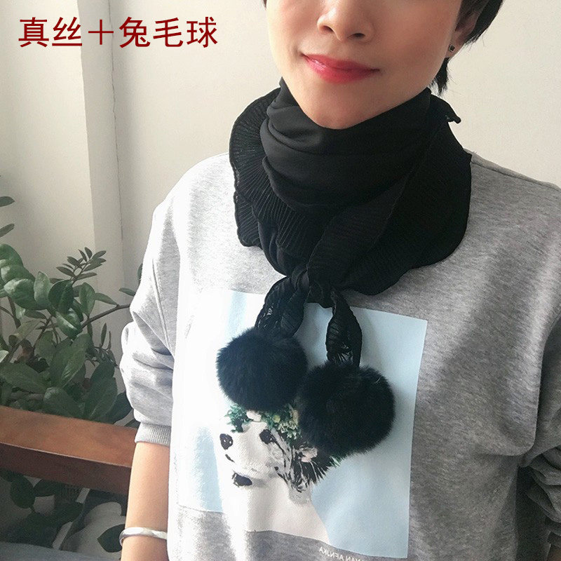 原创设计感丝巾真丝桑蚕丝小方巾女百搭韩国黑色毛球脖颈装饰薄款