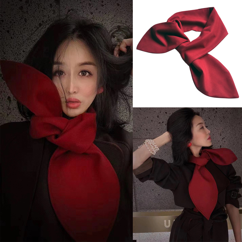 安哥拉红小围巾女冬季2025新款大衣毛呢斜纹领子假领围巾百搭领巾