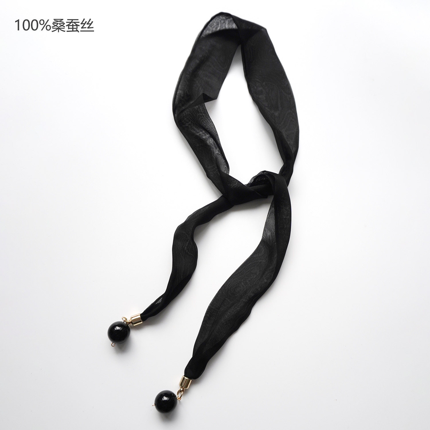 黑色丝巾女2025新款真丝细窄围巾女欧美百搭长条领巾珠子丝巾薄款