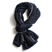 纱巾春秋冬季 披肩薄款 百搭围巾纯色 手工钉珠黑色丝巾长款 不皱