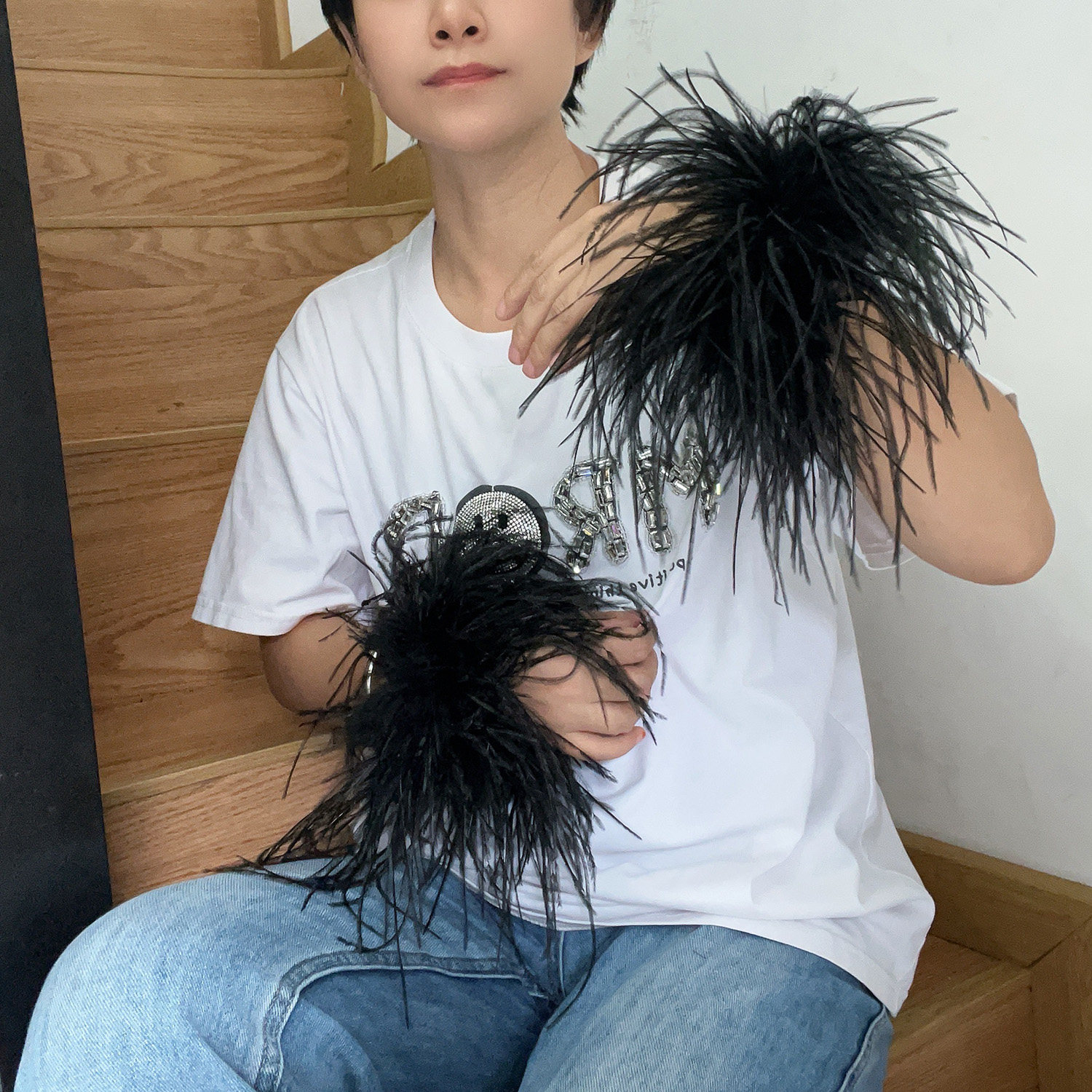 黑色鸵鸟毛袖圈手袖羽毛手腕扣袖口可拆卸袖口配件手腕装饰可定制