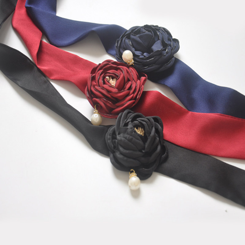 细窄丝巾长条仿真丝花朵腰带舞蹈丝巾女韩版韩国细窄领巾小围巾