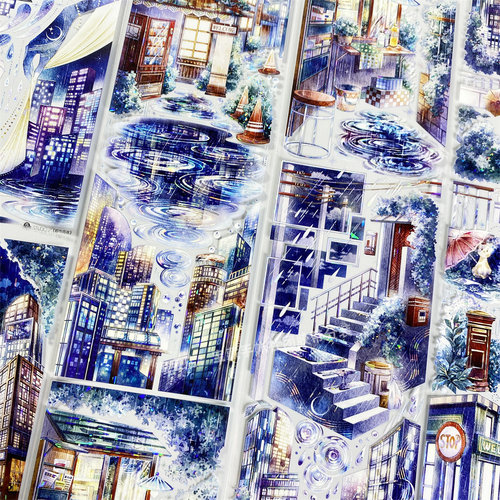手帐分装胶带s77都市雨夜studioVI蓝街景PET风素材账流麻贴纸咕卡