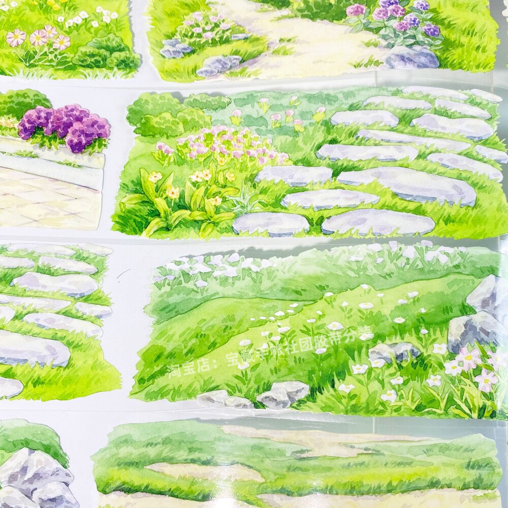 手帐分装胶带走花路世安工作室草坪鲜花场景PET素材账手机壳贴纸