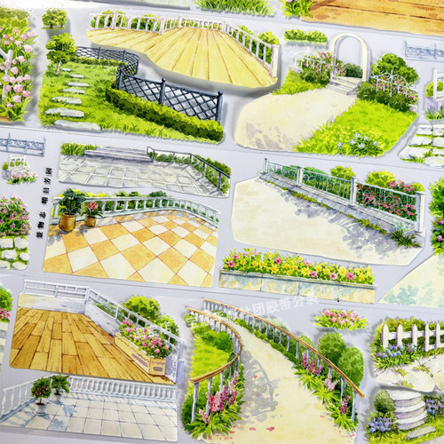 手帐分装胶带b057晴日芳园景物志栅栏杆古风PET素材账流麻diy贴纸