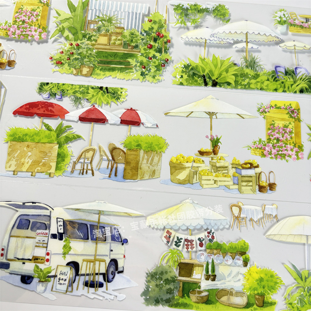 手帐分装胶带b055露天闲座景物志下午茶古风PET素材账流麻diy贴纸