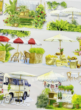 手帐分装胶带b055露天闲座景物志下午茶古风PET素材账流麻diy贴纸