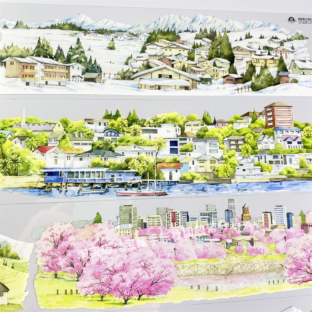 手帐分装胶带r67临海之滨studioVI小镇田园雪景樱花PET素材账贴纸