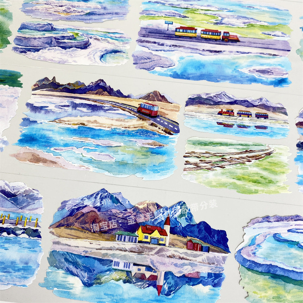 手帐分装胶带翡翠盐池欣甜工作室远山旅游车湖水古风PET素材账贴