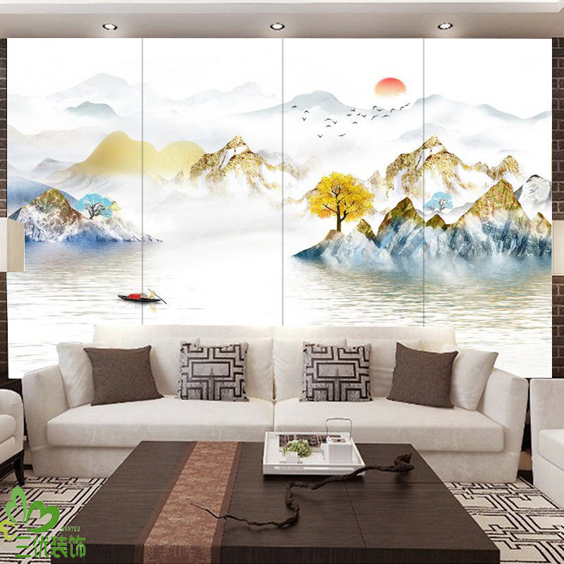 现代新中式水墨山水壁画硬包背景墙电视沙发客厅床头卧室软包装饰