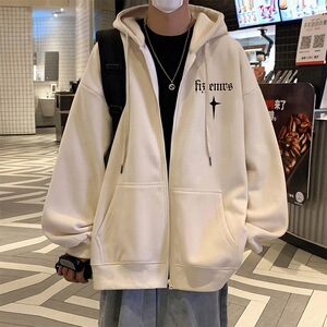 H199P70新品含棉60%连帽开衫卫衣情侣港风宽松衣服重磅拉链外套图片