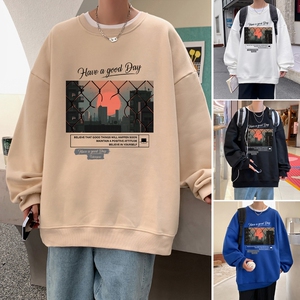 W522P35新品落日慵懒风休闲卫衣宽松圆领无帽复古落肩衣服图片