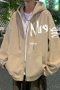 开衫卫衣男青少年秋冬季加绒加厚美式潮牌字母印花重磅连帽外套衫