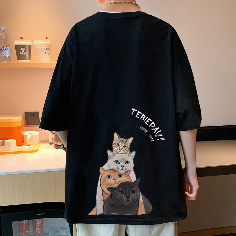304A-1-TM320BP26纯棉短袖t恤夏季i卡通猫咪印花上衣时尚宽松,男装T恤,星座304A-1