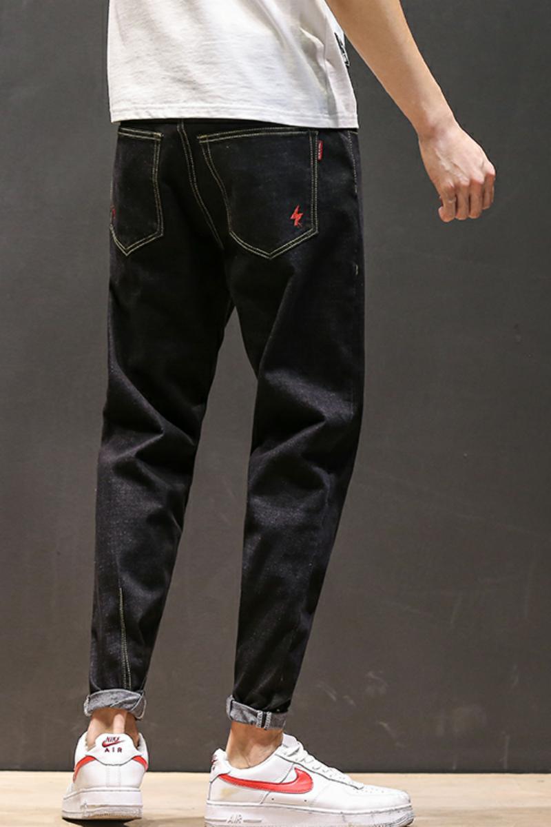 XZ304B-2C秋冬修身哈伦裤红色闪电刺绣加厚,男装牛仔裤,星座304A-1