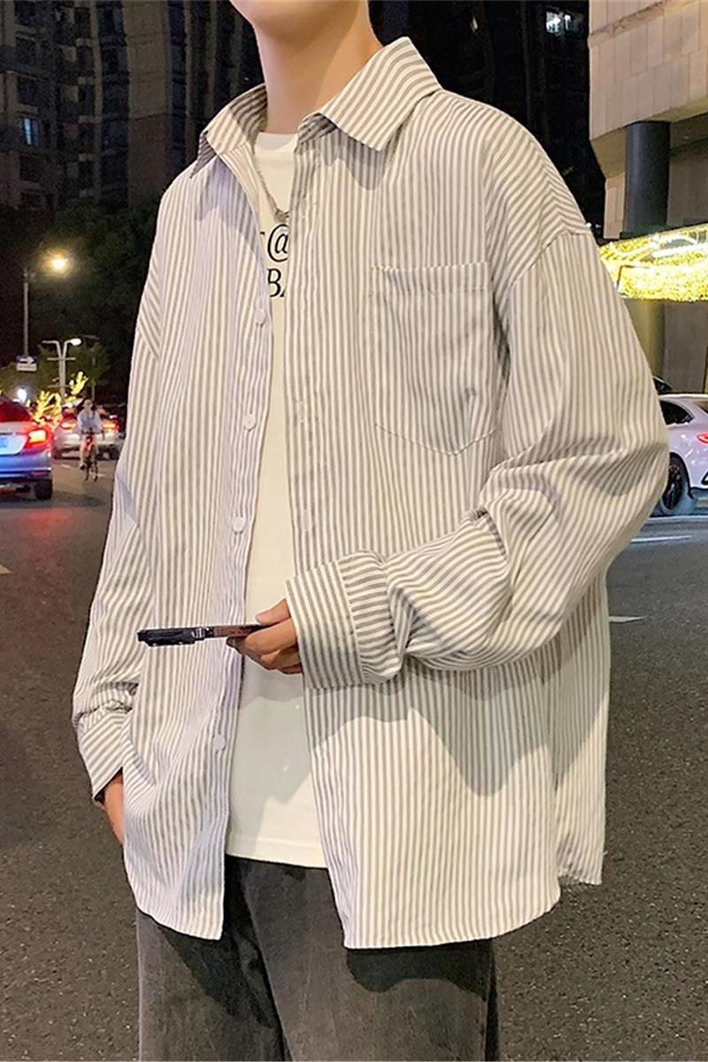 C003P40新品复古条纹长袖衬衣休闲衬衫oversize宽松开衫外套,男装衬衫,星座304A-1