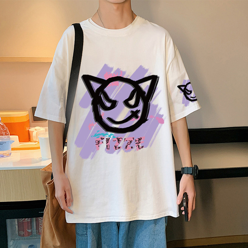 XZ304A-1-T618BP26夏季时尚宽松短袖t恤恶魔笑脸重磅纯棉体恤,男装T恤,星座304A-1