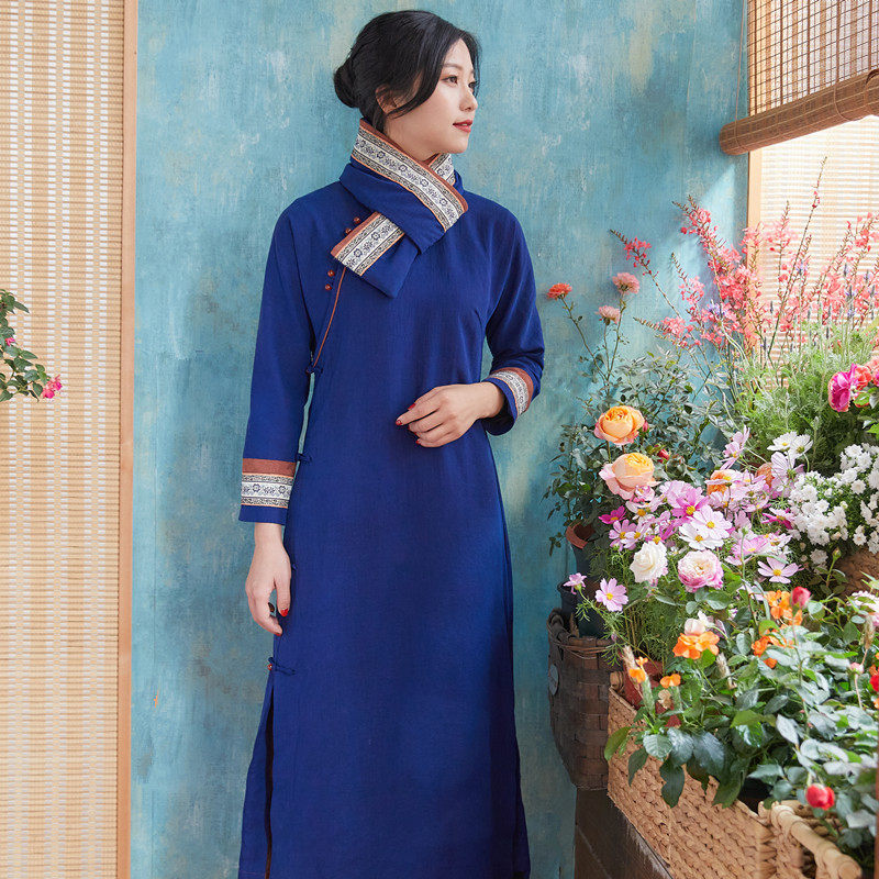 【华果定制】如懿重磅真丝绢纺香云纱旗袍民国宝蓝色花边茶服年轻