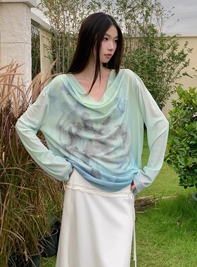 法式复古温柔风印花网纱长袖荡领T恤女夏新款绝美修身打底衫上衣