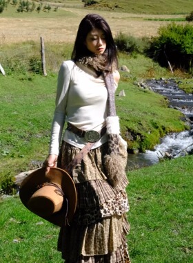 【爆炸好看豹纹裙】拼接格纹半身长裙松紧腰长裙子叠搭蛋糕蓬蓬裙