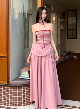 度假风重磅条纹挂脖拼接撞色假两件抹胸连衣裙收腰a字大摆长裙子