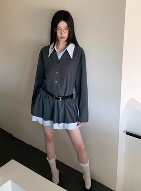 小众设计秋季新款灰色拼接假两件衬衫显瘦蓬蓬连衣裙女收腰衬衣裙