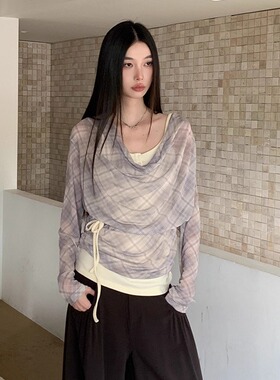 法式小众复古高级感荡领上衣春秋收腰设计通勤气质长袖假两件女