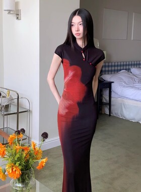 新中式复古网纱印花气质连衣裙长裙超显身材紧身收腰包臀裙子旗袍