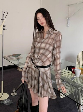 韩系复古卡其色格纹翻领宽松显瘦休闲短款连衣裙小众衬衫百褶裙子