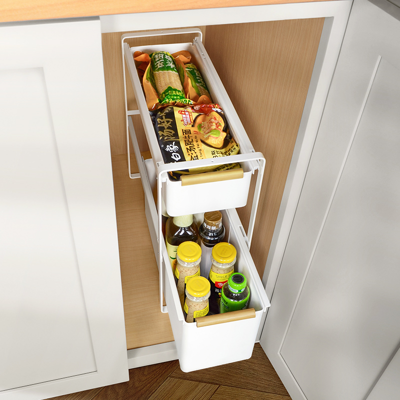 橱柜抽拉式置物架厨房下水槽分层架调料收纳盒小夹缝柜内窄缝拉篮