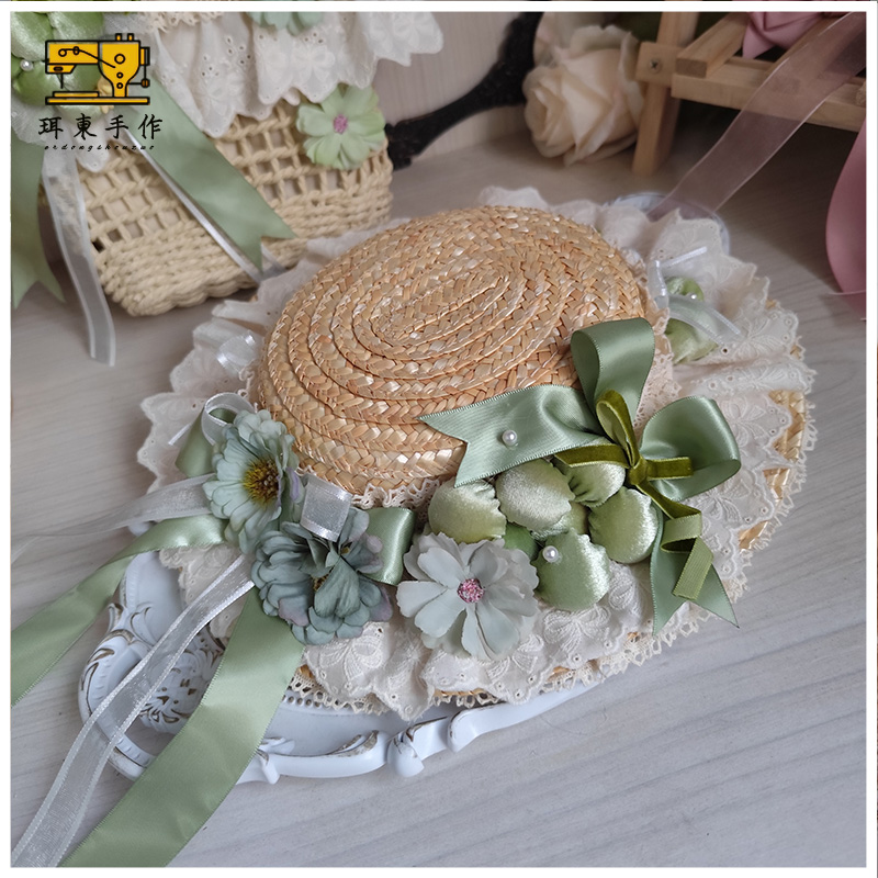 珥东手作Lolita卢瓦尔葡萄园蓝绿色新色小草帽头饰lo娘蝴蝶结帽子