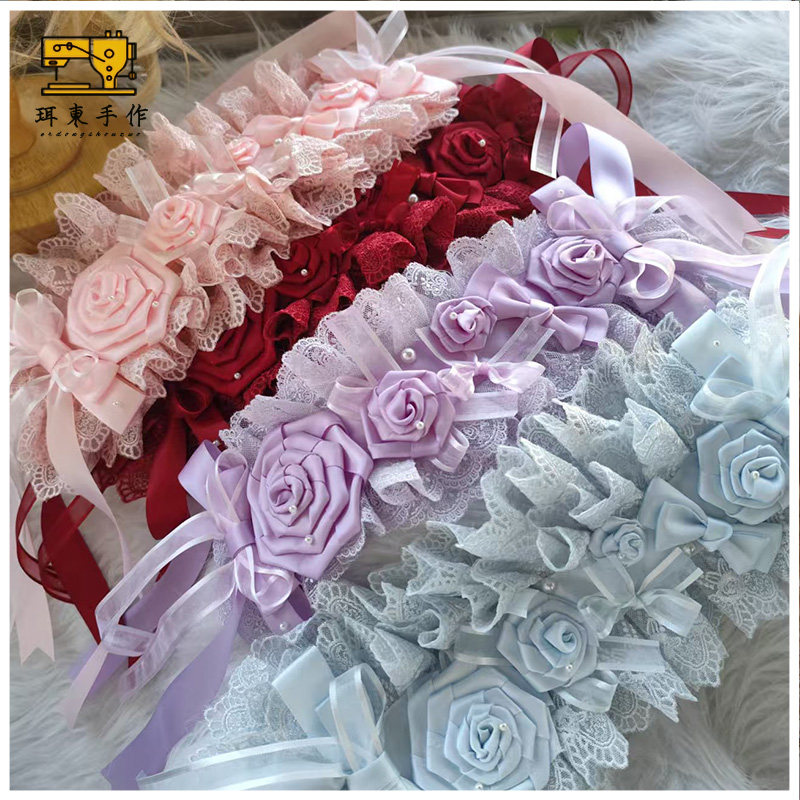 珥东手作Lolita花嫁玫瑰发带水蓝浅粉浅紫酒红蕾丝仙气头饰圣诞h图片