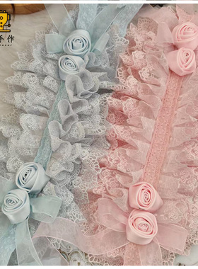 珥东手作Lolita蕾丝doll感蝴蝶结玫瑰花发带浅粉蓝紫色仙气花嫁lo