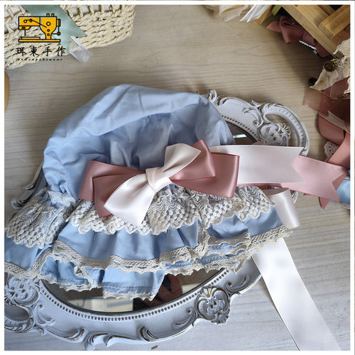 珥东手作Lolita旧粉回忆灰蓝色灰粉色bb帽蝴蝶结lo娘甜美doll感