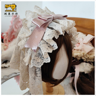 珥东手作Lolita加冕礼灰粉色蕾丝头纱发带枕边缎带小物doll感发饰