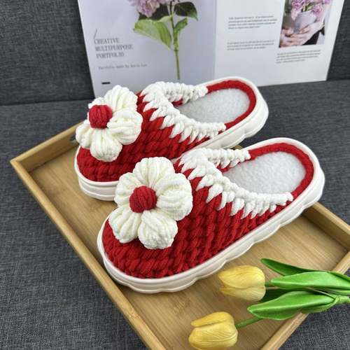 新款云朵底冰条线diy拖泡芙花手工编织抖音同款秋冬季成品拖